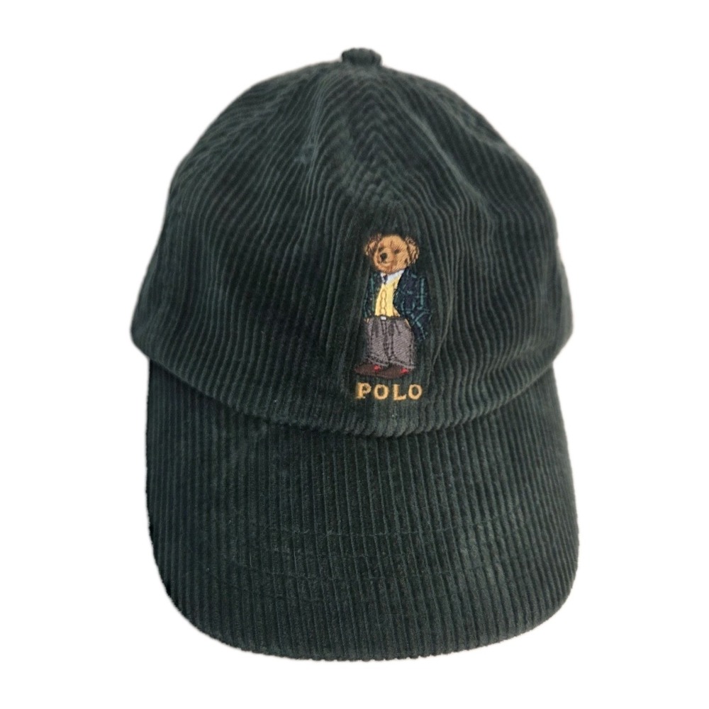 Vintage 90's Polo Ralph Lauren Sport Hat Polo Bear Leather Strap Green Corduroy